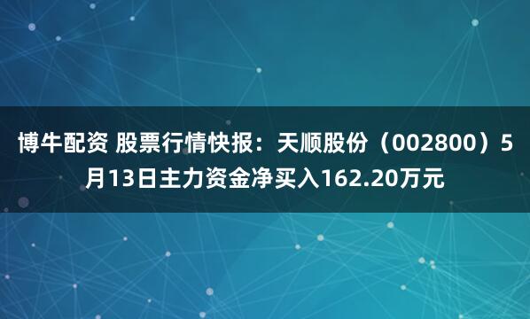 博牛配资 股票行情快报：天顺股份（002800）5月13日主力资金净买入162.20万元